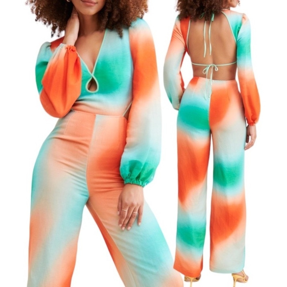 The Wolf Gang Martina Linen Blend Ombre Open Cutout Back Straight Leg Jumpsuit M